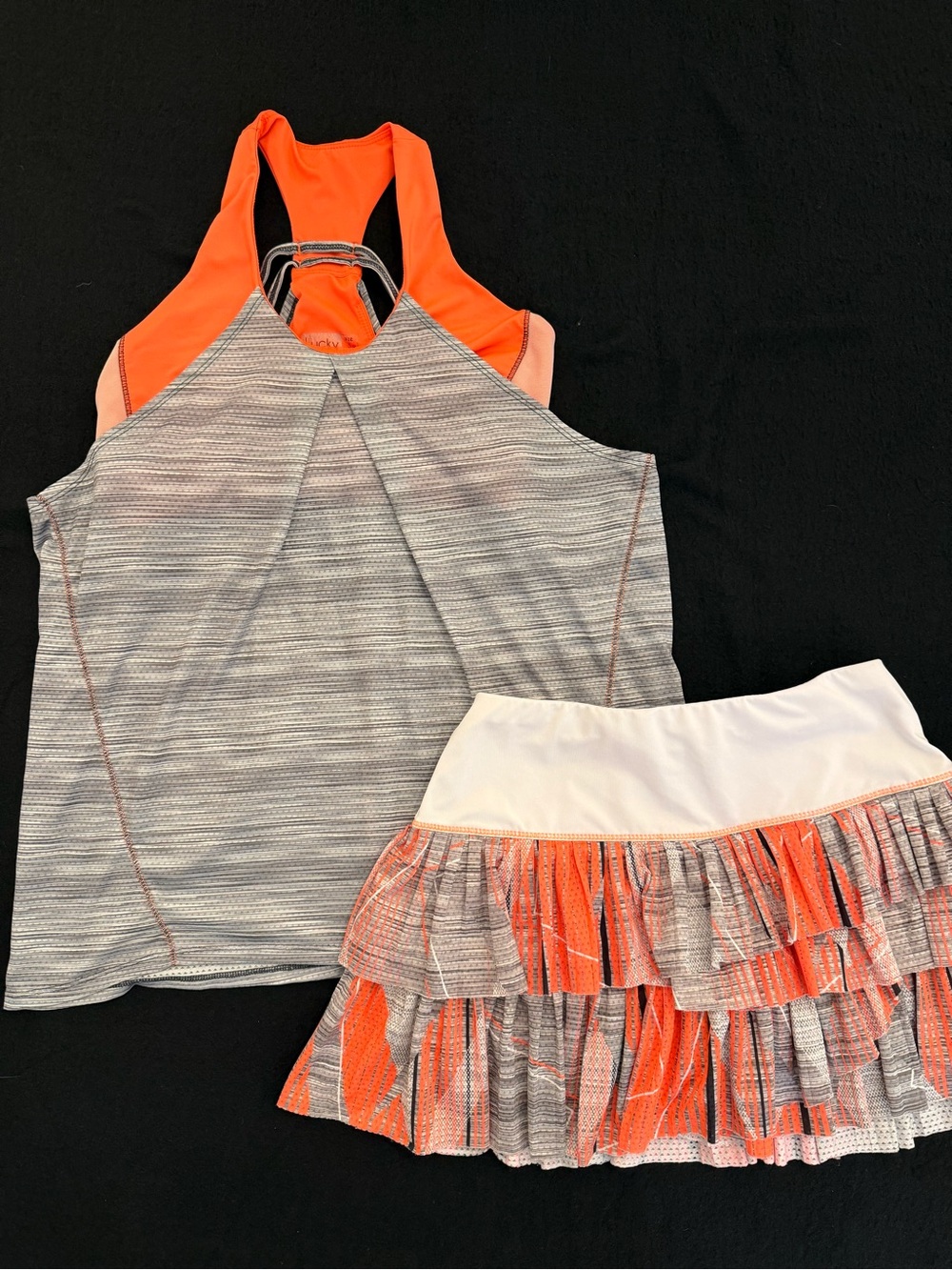 Lucky in Love Women’s Orange, Gray Layered Ruffle Tennis Tank S , Skort XS Set